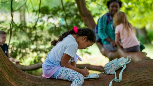 A young girl sits on a tree trunk in a forest, writing in a notebook